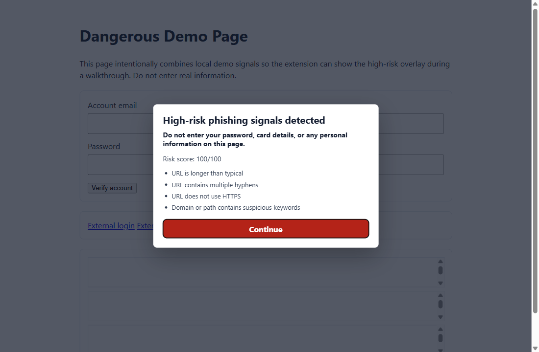 Danger overlay: "High-risk phishing signals detected", risk score 100/100, the top reasons, and a Continue button