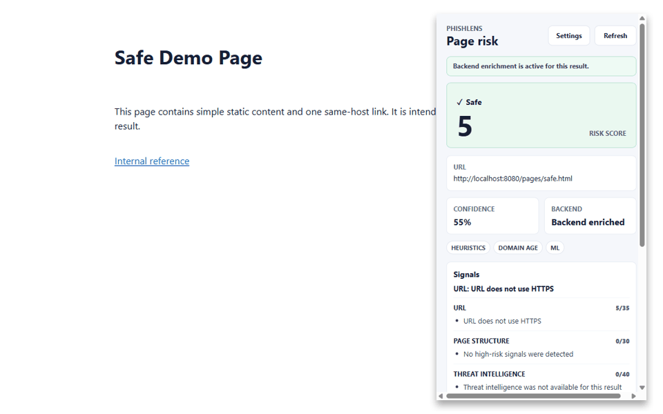 PhishLens end-to-end demo: a safe page, a suspicious page, and a dangerous page triggering the warning overlay