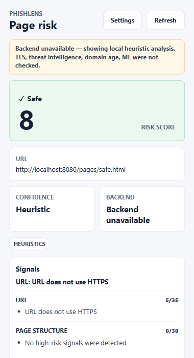Safe demo page with the backend unreachable: Safe 8, the same local score, confidence shown as "Heuristic" instead of a percentage, and a banner listing the checks that did not run