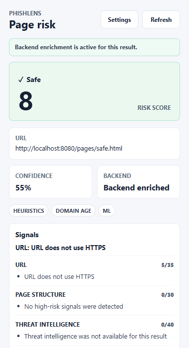 Safe demo page: Safe 8, backend enriched, the only URL signal is the lack of HTTPS